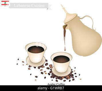 Lebanese Cuisine, Arabic Coffee or Coffee Brewed from Dark Roast Coffee Beans Spiced with Cardamom. One of The Popular Beverage Stock Vector