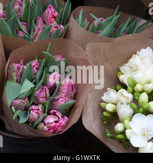 bouquets of red tulips and white freesia in craft paper Stock Photo
