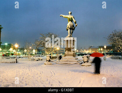 Statue of Karl XII pointing eastwards in snowing Stock Photo