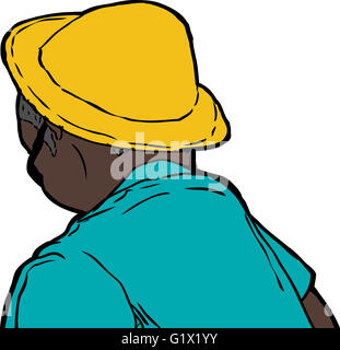 Rear view of man in yellow hat and green shirt over white background Stock Photo