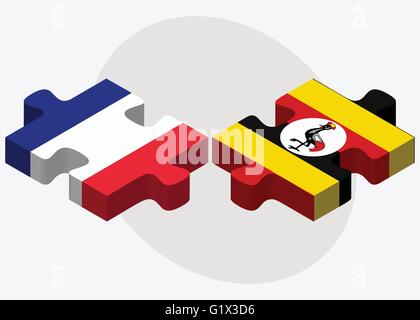 France and Uganda Flags in puzzle isolated on white background Stock Vector