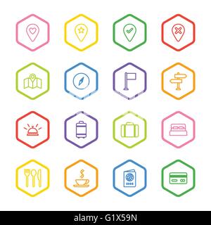 [EPS] colorful line travel icon set with hexagon frame for web, UI, infographic and mobile apps Stock Vector