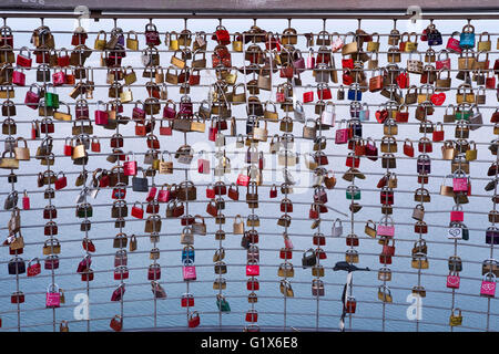 Love locks on the railing of Moleturm, Friedrichshafen on Lake Constance, Lake Constance district, Upper Swabia, Swabia Stock Photo