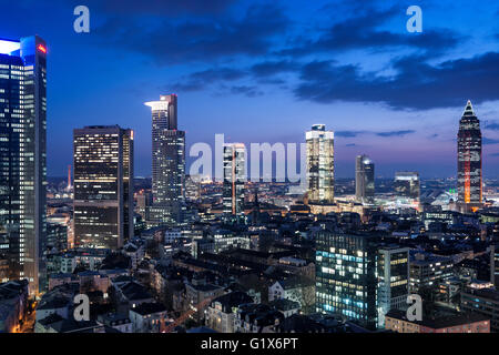 Frankfurt skyline and financial center, Trianon, DZ Bank, Tower 185, Messeturm, at dusk, Frankfurt, Hesse, Germany Stock Photo