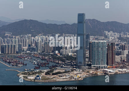 Skyscrapers in the district of West Kowloon, Skyscraper International Commerce Centre, high-rise residential building The Stock Photo