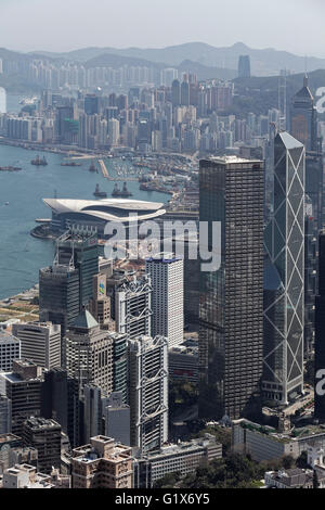 Skyscraper HSBC skyscraper, Bank of China Tower, Convention and Exhibition Centre, Central District, view from The Peak Stock Photo