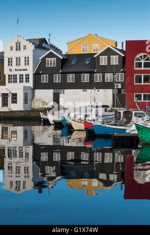 Colorful boats in the harbor, historic centre of Torshavn, Streymoy, Faroe Islands, Denmark Stock Photo