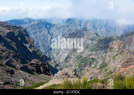 the high mountains at madeira island called pico arieiro, the top is 1818 meters above sea level in the clouds Stock Photo