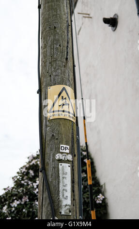 Old wooden telegraph pole seen next to a cottage showing a standard warning sign and both power and communication cables installed. Stock Photo