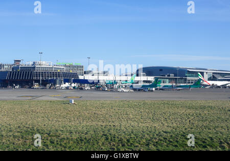 Dublin, Ireland - 01 February, 2015: Aer Lingus planes lined up at Terminal 2 at Dublin Airport Ireland Stock Photo