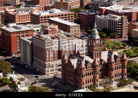 High angle view of the Dealy Plaza and its surrounding buildings in downtown Dallas. Texas, United States Stock Photo