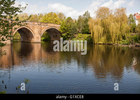 A scenic view of the River Tees at Yarm  showing the  bridge and tree lined river banks Stock Photo