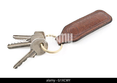 Keys with leather tag isolated on white Stock Photo