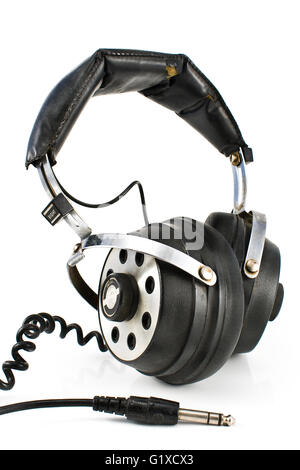 Pair of old sound headphones isolated on white Stock Photo - Alamy