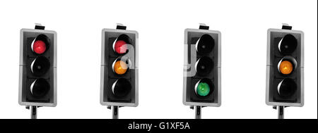UK traffic lights sequence in panorama format. Black and white with only the lights colored. Stock Photo
