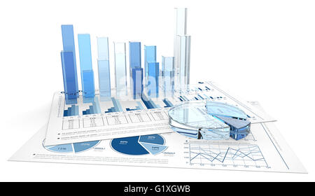 3D render of financial documents with graphs and pie charts of glass. Stock Photo