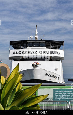Alcatraz flyer at the doc of San Francisco's harbour, ready for cruises to Alcatraz Stock Photo