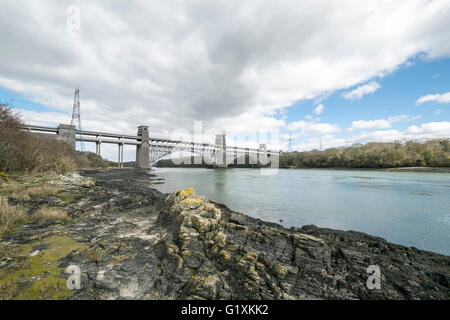 Robert Stephenson's tubular Brittania Bridge on the Menai Straits Anglesey North Wales. Stock Photo