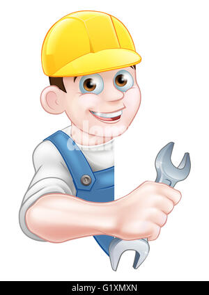 A cartoon Plumber character in a yellow hardhat holding a spanner Stock Photo