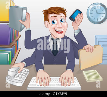 A cartoon multitasking business man with lots of arms doing various office tasks Stock Photo