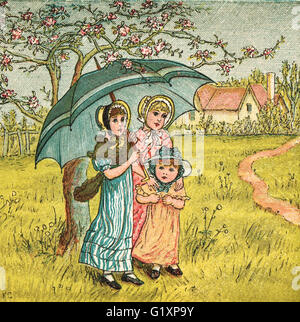 Children sheltering from the rain under a tree by Kate Greenaway 1880 Stock Photo