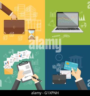 Flat design modern vector illustration concept of business webinar, on line seminar, planning, investment with business icons. E Stock Vector