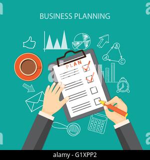 Flat  vector illustration. Hand with pencil, paper of plan, cup of coffee and hand drawn business symbols. EPS 10 Stock Vector