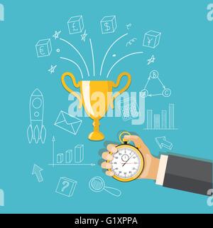 Flat  vector icons of stopwatch in the hand and winner cup with hand drawn symbols on the blue background. EPS 10 Stock Vector