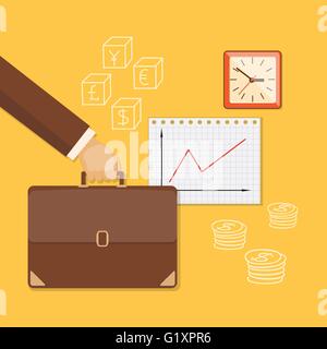 Flat design modern vector illustration concept of business investment, internet banking with briefcase in the hand, paper and cl Stock Vector