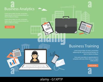 Flat design modern vector illustration concepts of  business training, analytics, management with laptop, girl and with  briefca Stock Vector