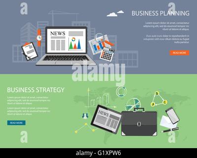 Flat design modern vector illustration concept of  business strategy, planning, analytics, management  with laptop, calculator, Stock Vector