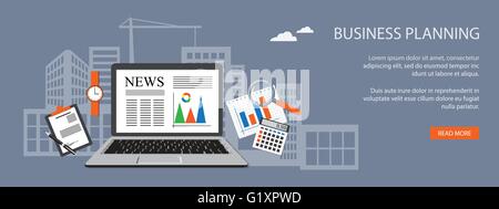 Flat design modern vector illustration concept of  business strategy, planning, analytics, management  with laptop, calculator, Stock Vector