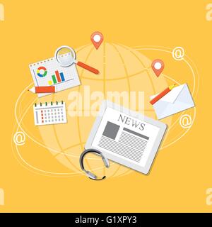 Flat design modern vector illustration concept of business webinar, on line seminar, news with tablet, headphone, pencil and lou Stock Vector