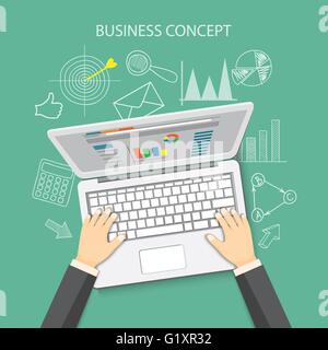 Flat  vector illustration. Hand with laptop and hand drawn business symbols. EPS 10 Stock Vector