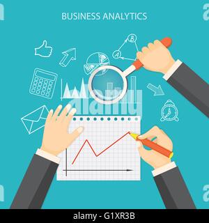 Flat  vector illustration. Hands with pencil, paper of graphic, loupe and hand drawn business symbols. EPS 10 Stock Vector