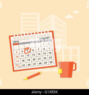 Flat modern design concept of business planning with calendar, cup of tea, pencil and construction background. EPS 10. Stock Vector