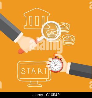 Flat  vector illustration. Hand with loupe, stopwatch and hand drawn business symbols. EPS 10 Stock Vector