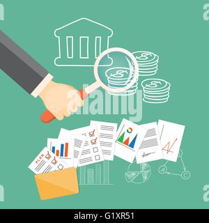 Flat  vector illustration. Hand with loupe, icons and hand drawn business symbols. EPS 10 Stock Vector