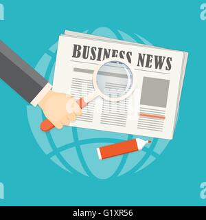 Flat  vector illustration. Hand with loupe, newspaper and globe. EPS 10 Stock Vector