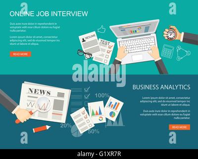 Flat design modern vector illustration. Set of banners for business site  with hands, computer, loupe, newspaper, icons and hand Stock Vector