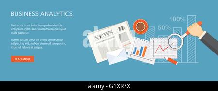 Flat  vector illustration. Hand with loupe, newspaper, paper and graphic. EPS 10 Stock Vector