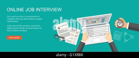Flat  vector illustration. Hand with laptop, resume, stopwatch  and hand drawn business symbols. EPS 10 Stock Vector