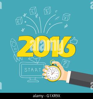 Flat  vector illustration. Hand with  stopwatch  and hand drawn business symbols on the new year`s background with symbols 2016 Stock Vector