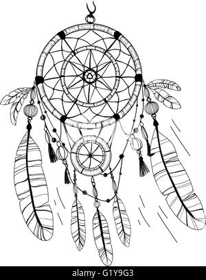 Dreamcatcher, feathers and beads. Coloring page Stock Vector
