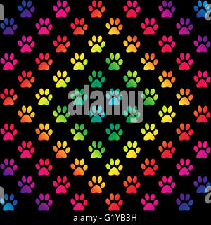 Paw prints in gradient rainbow colors in a diamond shape, on black background Stock Photo