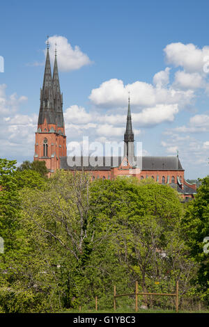 Uppsala, Sweden - May 20, 2016 : Distant view of Uppsala Church from the hill of Uppsala castle. Stock Photo
