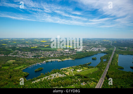 Aerial view, overview Unterbacher See, special purpose association recreation area Unterbacher See, Dusseldorf, Niederrhein, Stock Photo
