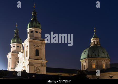 Cathedral towers at night, historic centre, Salzburg, Austria Stock Photo