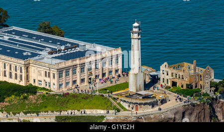 Prison Island Alcatraz, Alcatraz Island with Lighthouse, Aerial view, San Francisco, San Francisco Bay Area, California, USA Stock Photo
