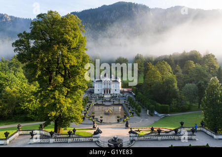 Linderhof Castle with fog, Oberammergau, Upper Bavaria, Bavaria, Germany Stock Photo